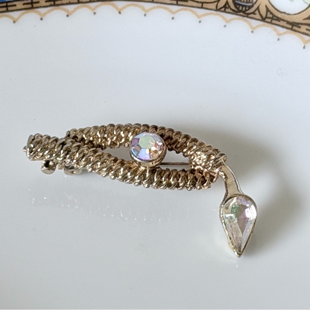 Vintage Snake Brooch Gold Tone AB Rhinestones Serpent Fashion Pin